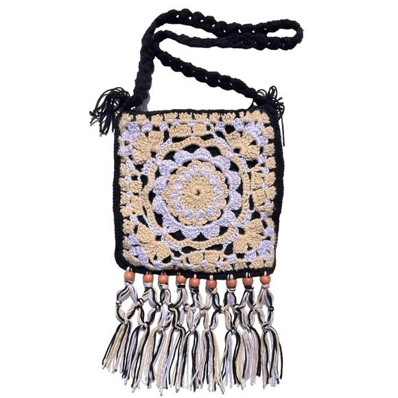 Boho Crochet knit shoulder bag handmade crossbody tassel beaded black purple - Picture 1 of 4